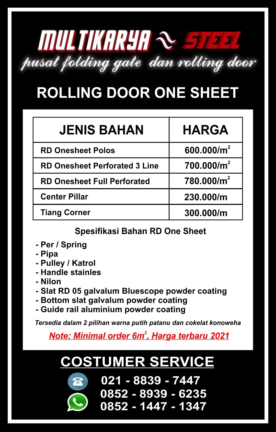 Daftar Harga Rolling Door One Sheet Multi Karya Steel